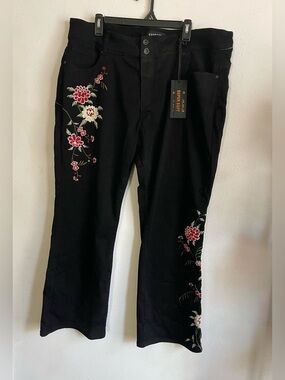 Black Floral Embroidered Wide Leg Jeans